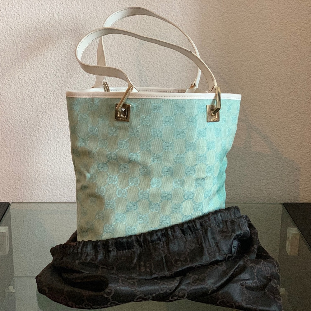 Gucci Canvas Shoulder Tote Bucket Bag Tiffany Blue